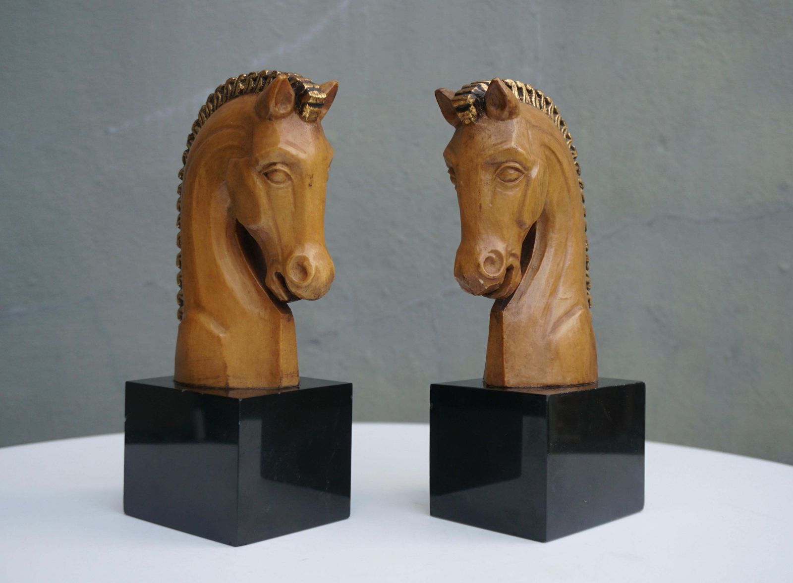 Pair Of Midcentury Marble And Wooden Horse Head Bookends photo furniture