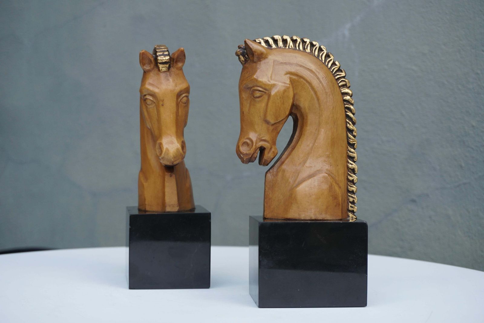 Pair Of Midcentury Marble And Wooden Horse Head Bookends photo for sale