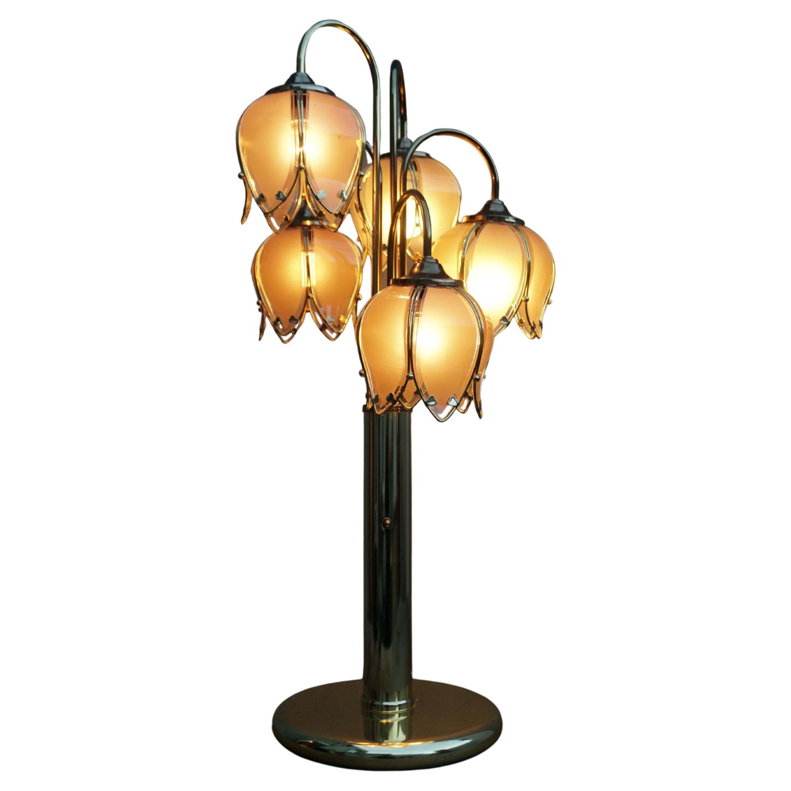 Mid Century Modern Glass And Brass 5 Arm Lotus Lamp 1970s