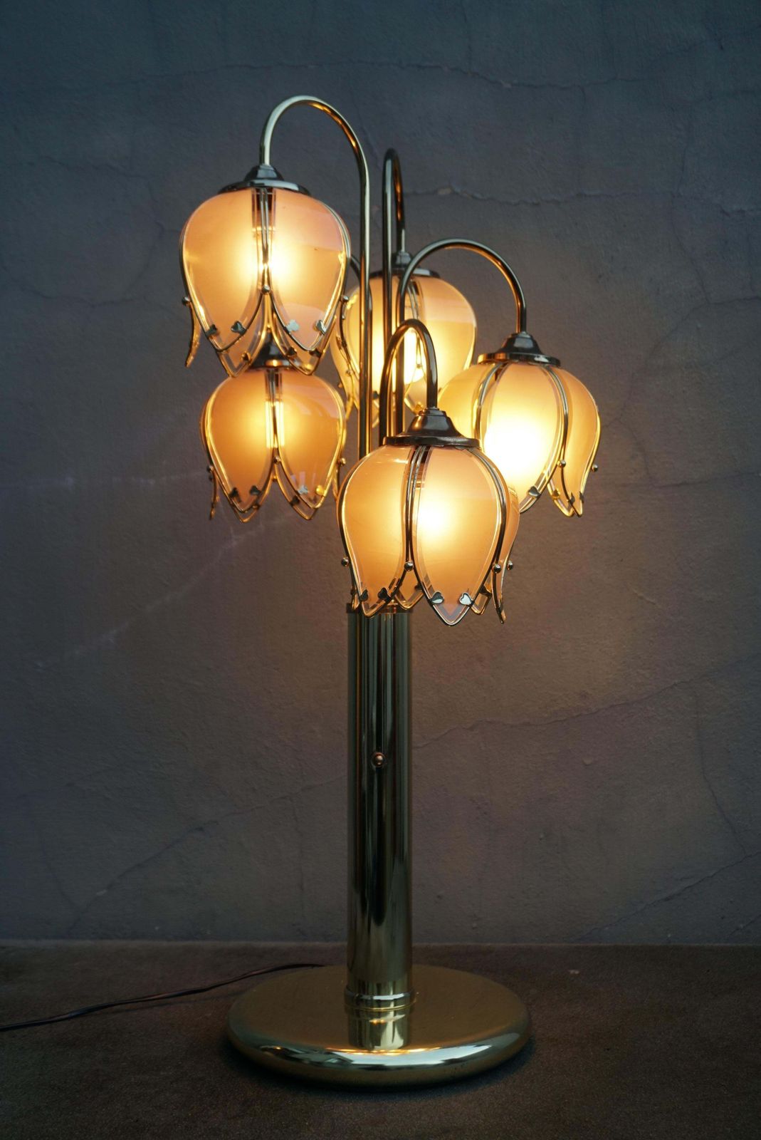 Mid Century Modern Glass And Brass 5 Arm Lotus Lamp 1970s photo furniture