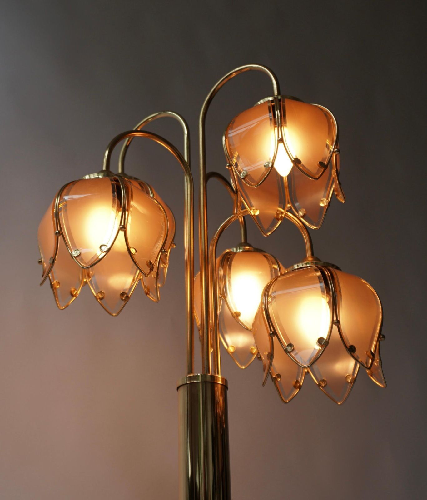 Lighting Hollywood Regency Glass And Brass 5 Arm Tulip Lotus Lamp 1970s photo