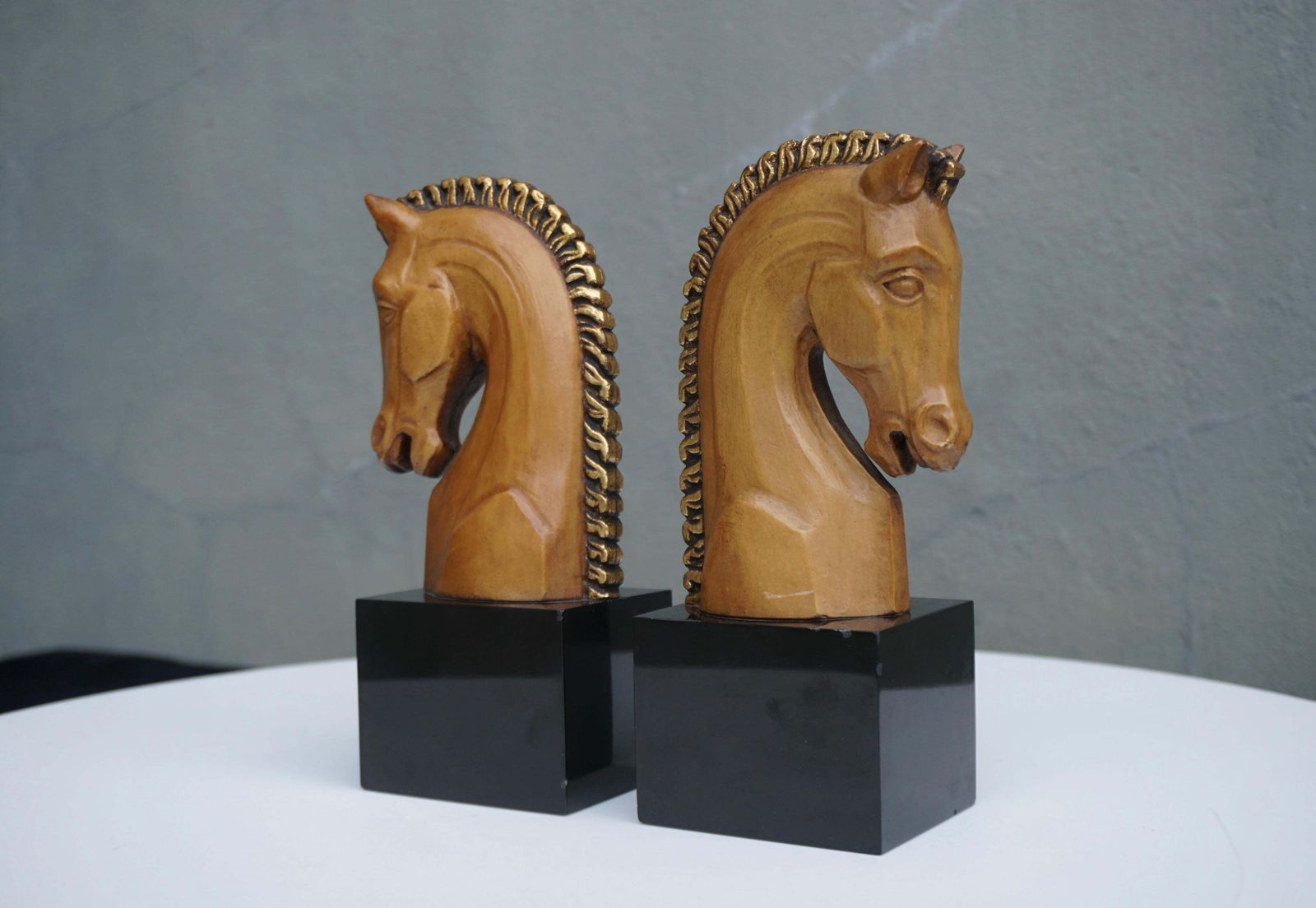 Pair Of Midcentury Marble And Wooden Horse Head Bookends photo 1022.0