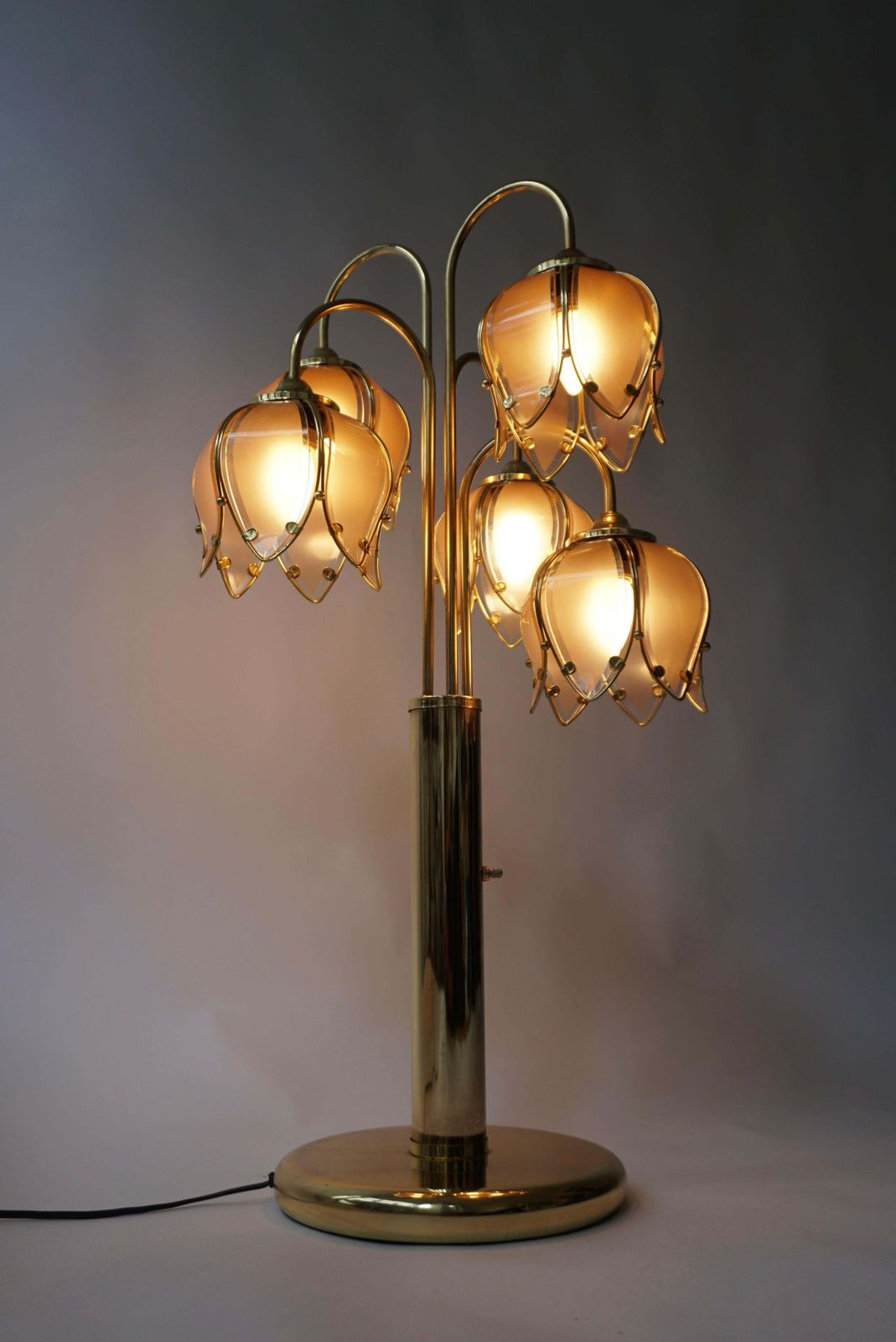2850.0 Hollywood Regency Glass And Brass 5 Arm Tulip Lotus Lamp 1970s photo