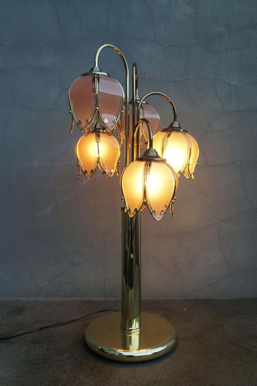Mid Century Modern Glass And Brass 5 Arm Lotus Lamp 1970s photo Lighting