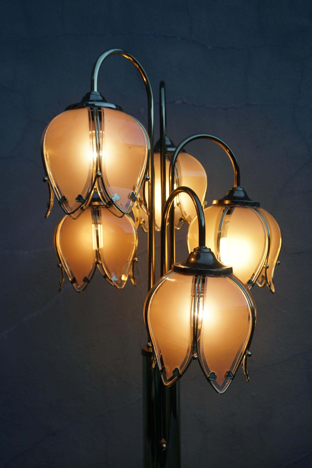 2208.0 Mid Century Modern Glass And Brass 5 Arm Lotus Lamp 1970s photo