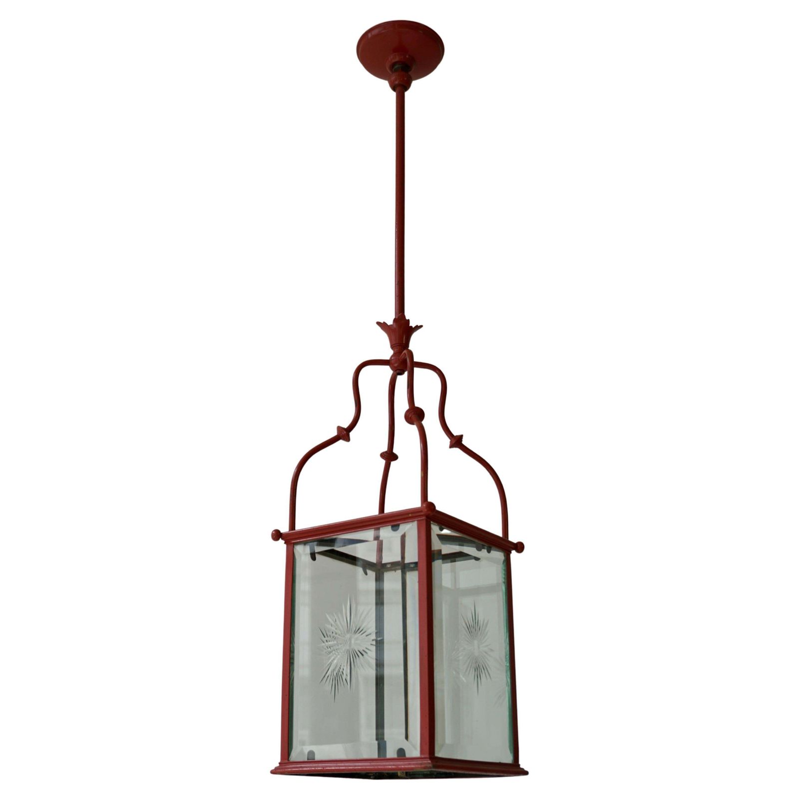 An Italian Red Tole Metal Lantern With Cut Glass, Early 20th C.