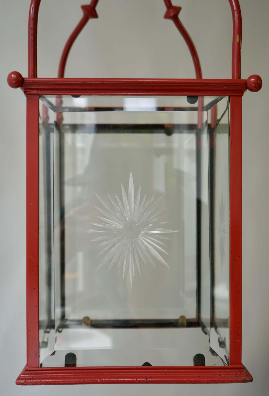 An Italian Red Tole Metal Lantern With Cut Glass, Early 20th C. photo vinterior