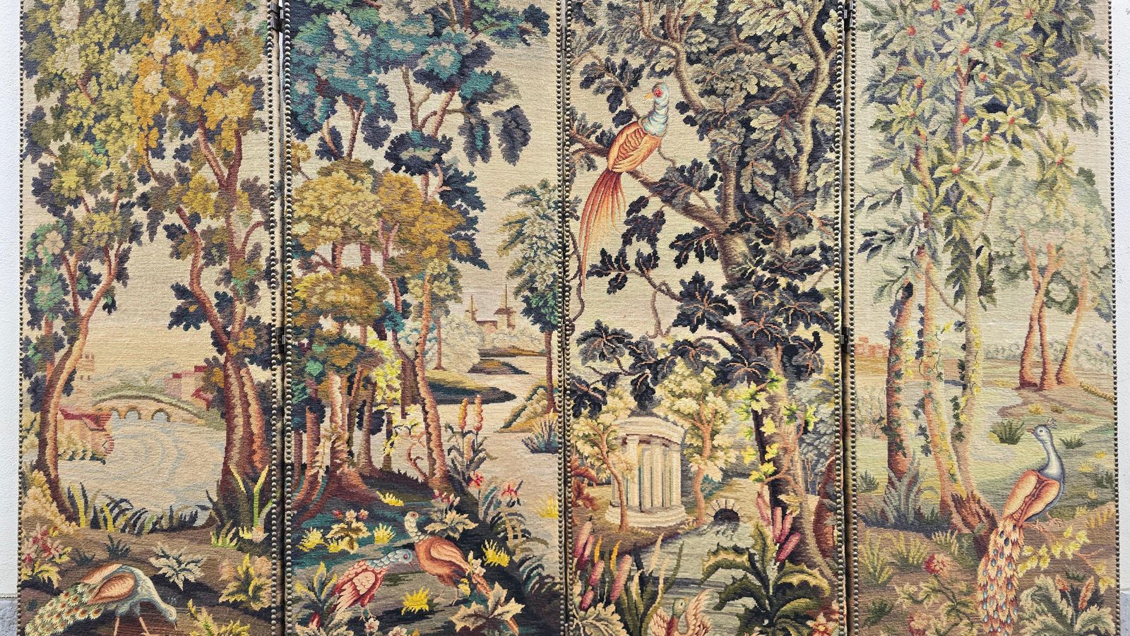 Room Divider With Aubusson Tapestries Featuring Birds And Floral Motifs photo vintage
