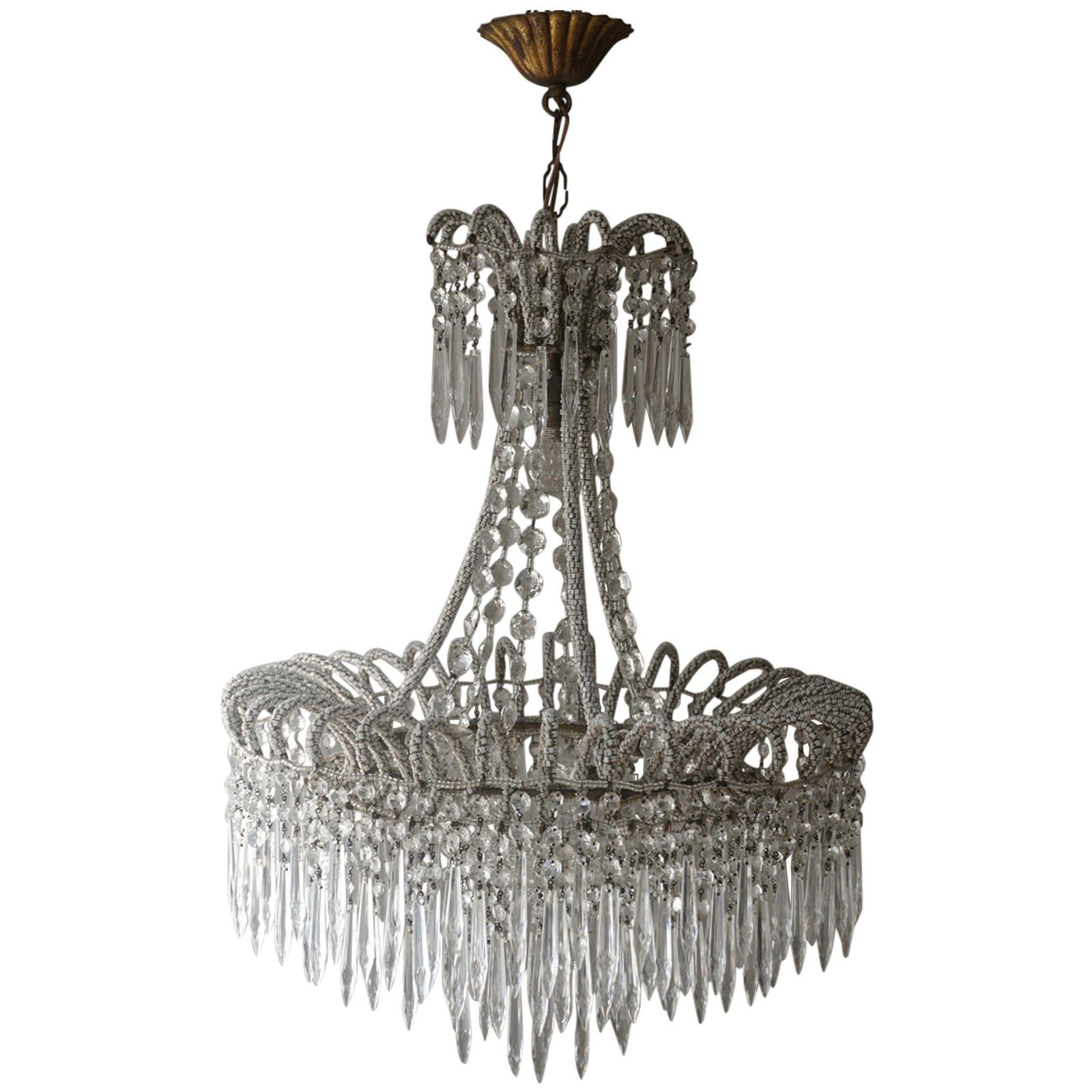 Rare Crystal Waterfall Chandelier Covered With Thousands White Murano Glasses