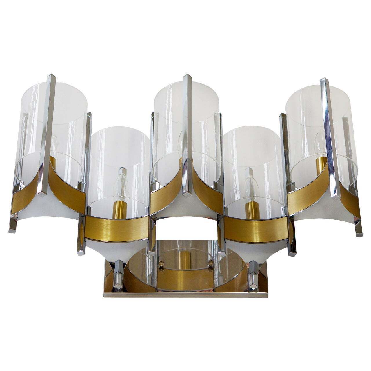 Sciolari Set Of Three Brass, Chrome And Glass Cylinder Sconces, Italy, 1970s