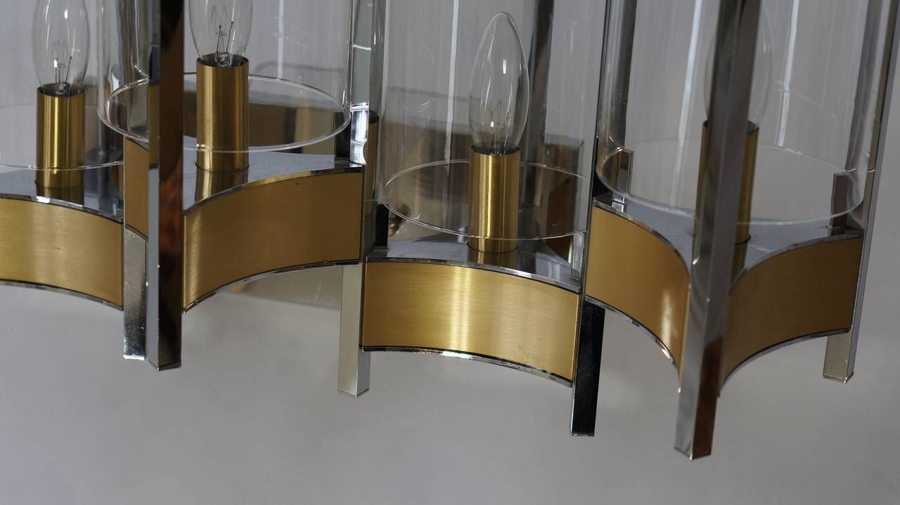 Sciolari Set Of Three Brass, Chrome And Glass Cylinder Sconces, Italy, 1970s photo Lighting