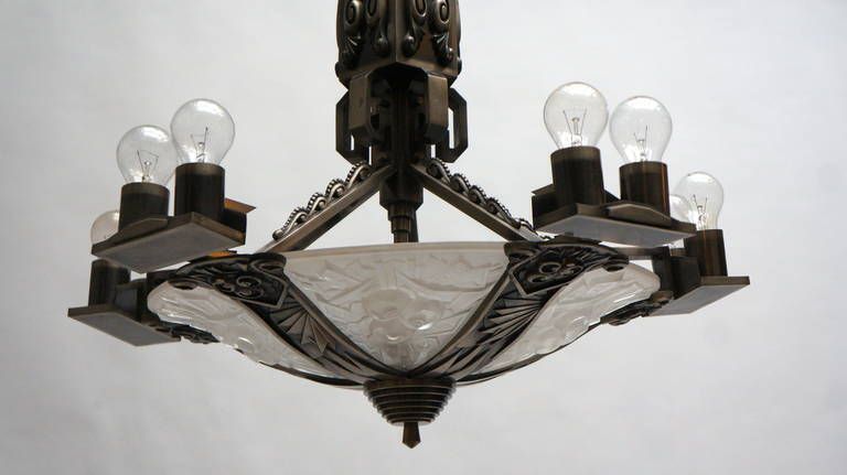 Large Bronze And Art Glass Art Deco Chandelier photo Lighting