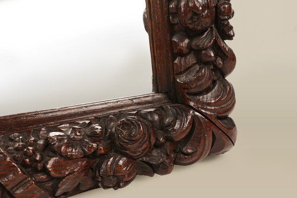 Large Baroque Hand Carved Oak Mirror, France, 1800s photo furniture