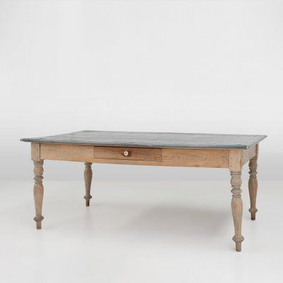 Rustic French Pine Wood Dinner Table With Zinc Top, 1850s