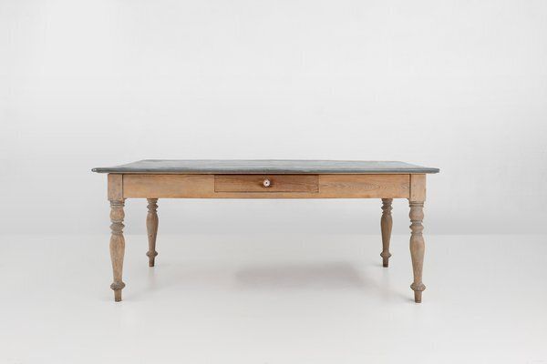 Rustic French Pine Wood Dinner Table With Zinc Top, 1850s photo for sale