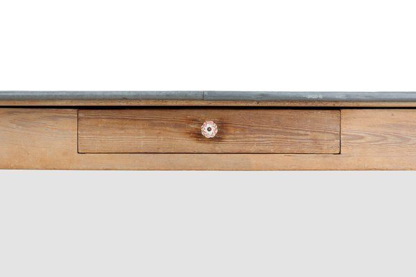 Rustic French Pine Wood Dinner Table With Zinc Top, 1850s photo Furniture