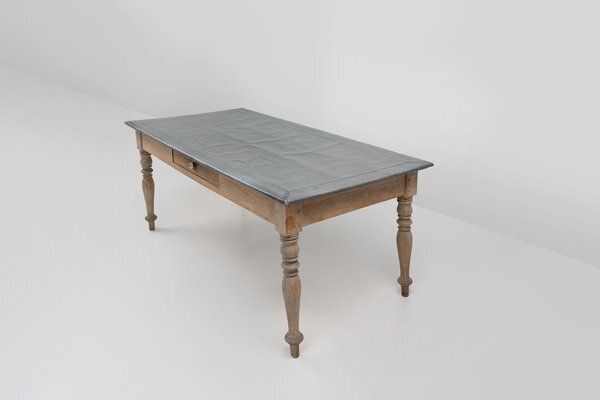 Rustic French Pine Wood Dinner Table With Zinc Top, 1850s photo vinterior