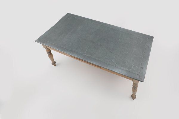 Furniture Rustic French Pine Wood Dinner Table With Zinc Top, 1850s photo