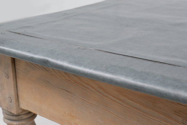 photo buy Rustic French Pine Wood Dinner Table With Zinc Top, 1850s