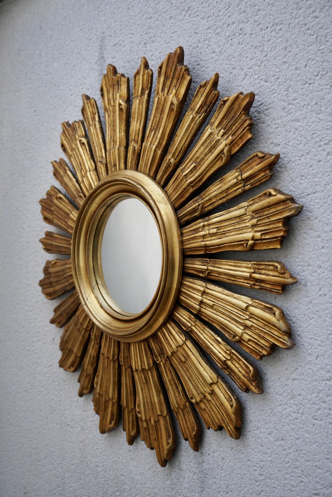American Sunburst Gilt Carved Wood Bullseye Convex Wall Mirror, C. 1950s photo for sale