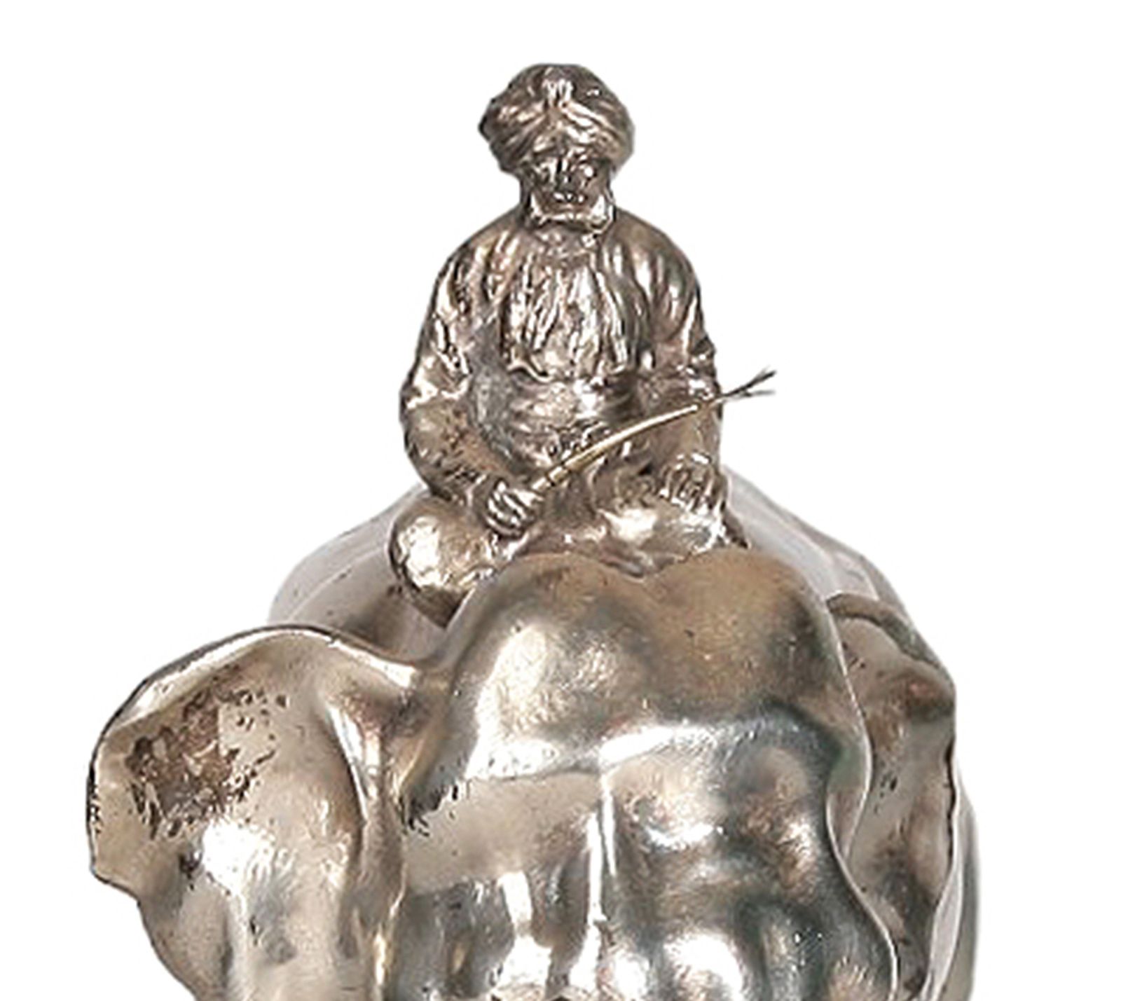 Ealy 20th Century Art Nouveau Silver Tone Metal/Bone Elephant And Rider Sculpture With Stone Base, France photo vintage
