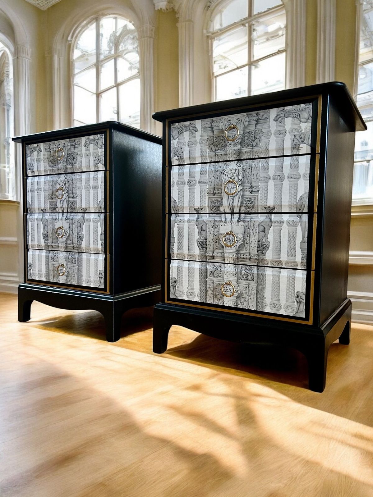 Midcentury Modern Solid Wood Bedside Drawers.  Stag Minstrel.  Handpainted With Decoupage.  Unique.