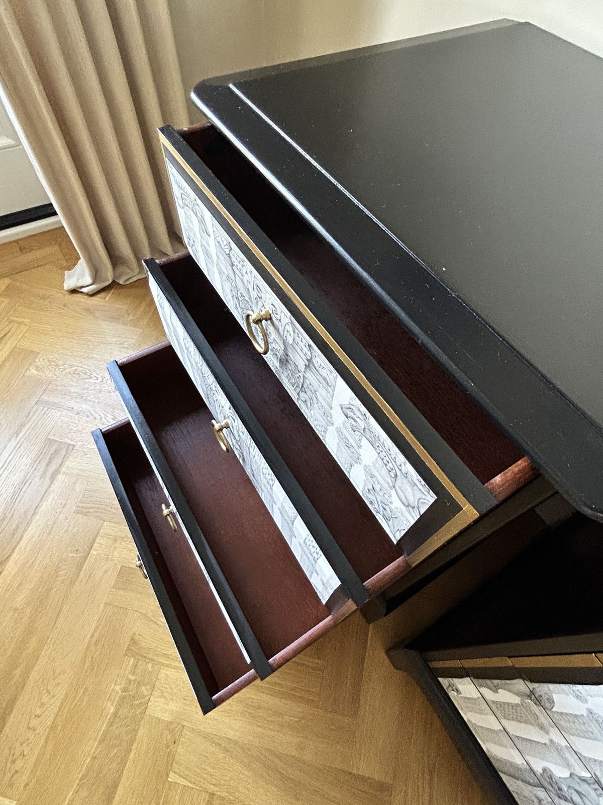 Midcentury Modern Solid Wood Bedside Drawers.  Stag Minstrel.  Handpainted With Decoupage.  Unique. photo vintage