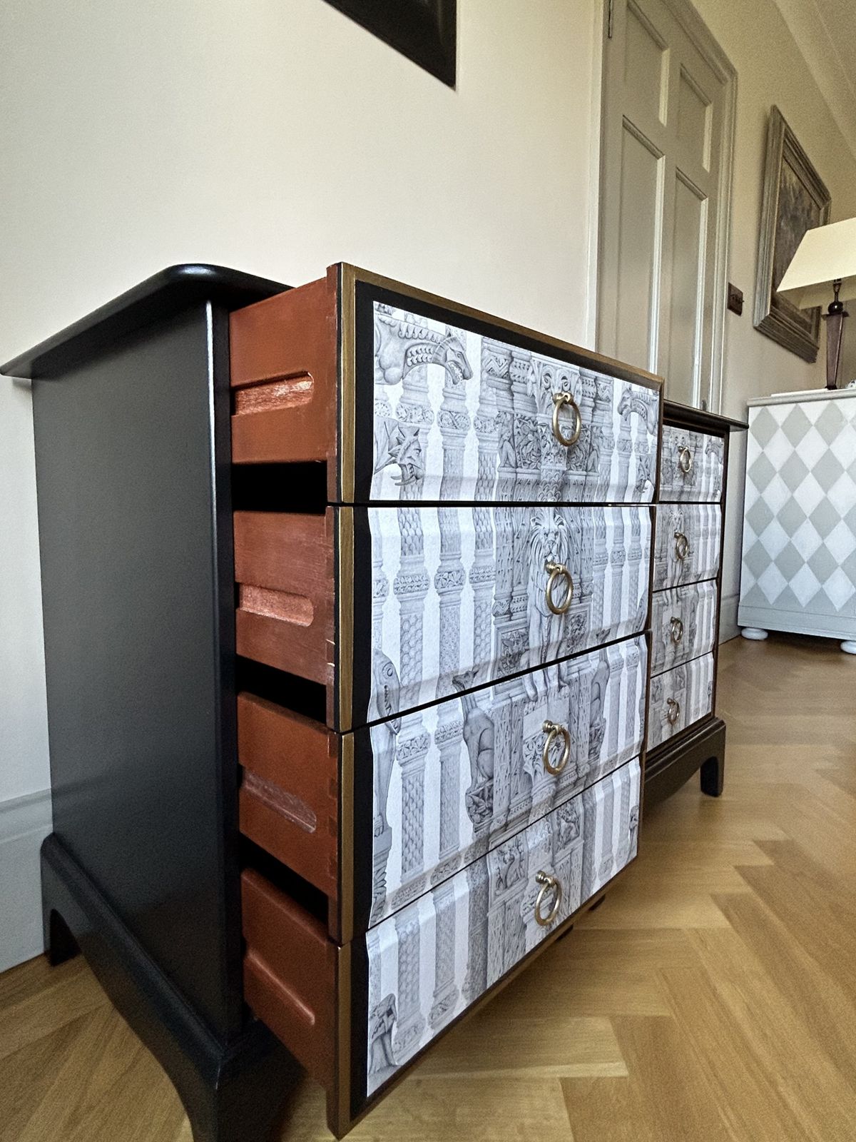 photo furniture Midcentury Modern Solid Wood Bedside Drawers.  Stag Minstrel.  Handpainted With Decoupage.  Unique.