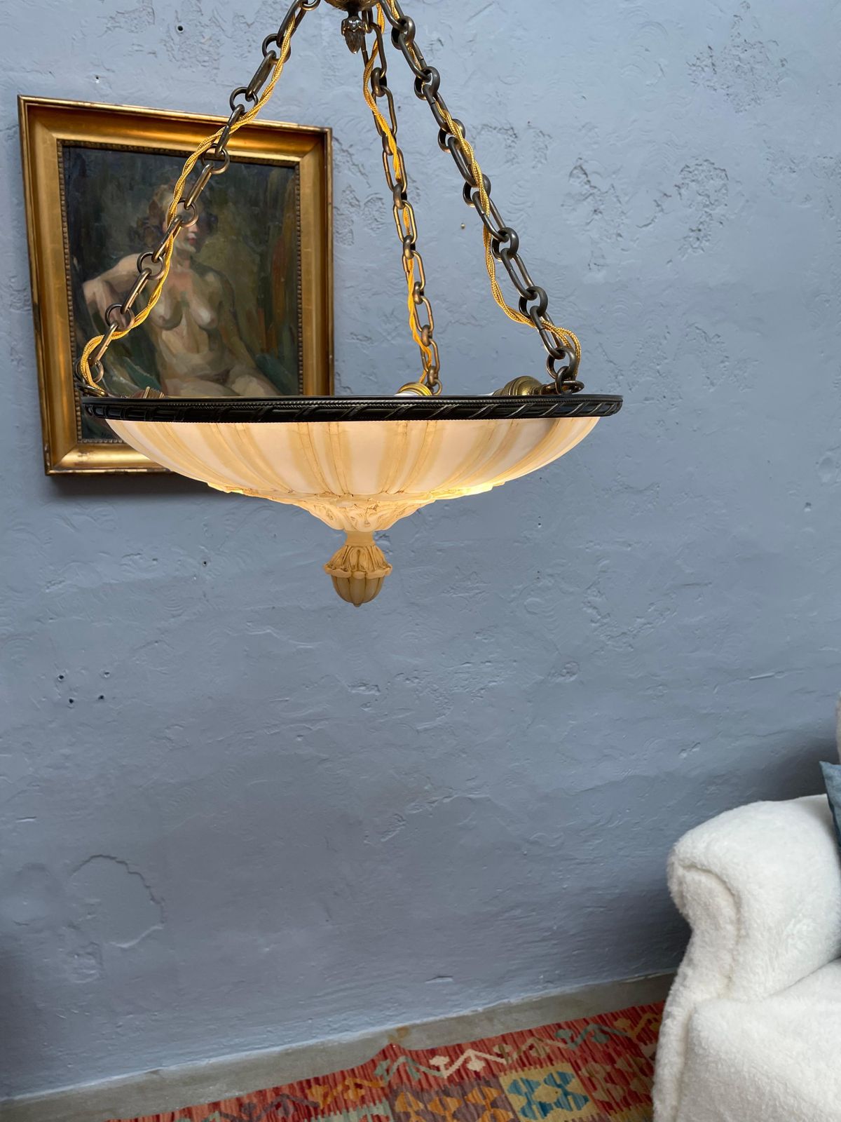 photo vintage Antique Glass Alabaster Plafonnier Chandelier