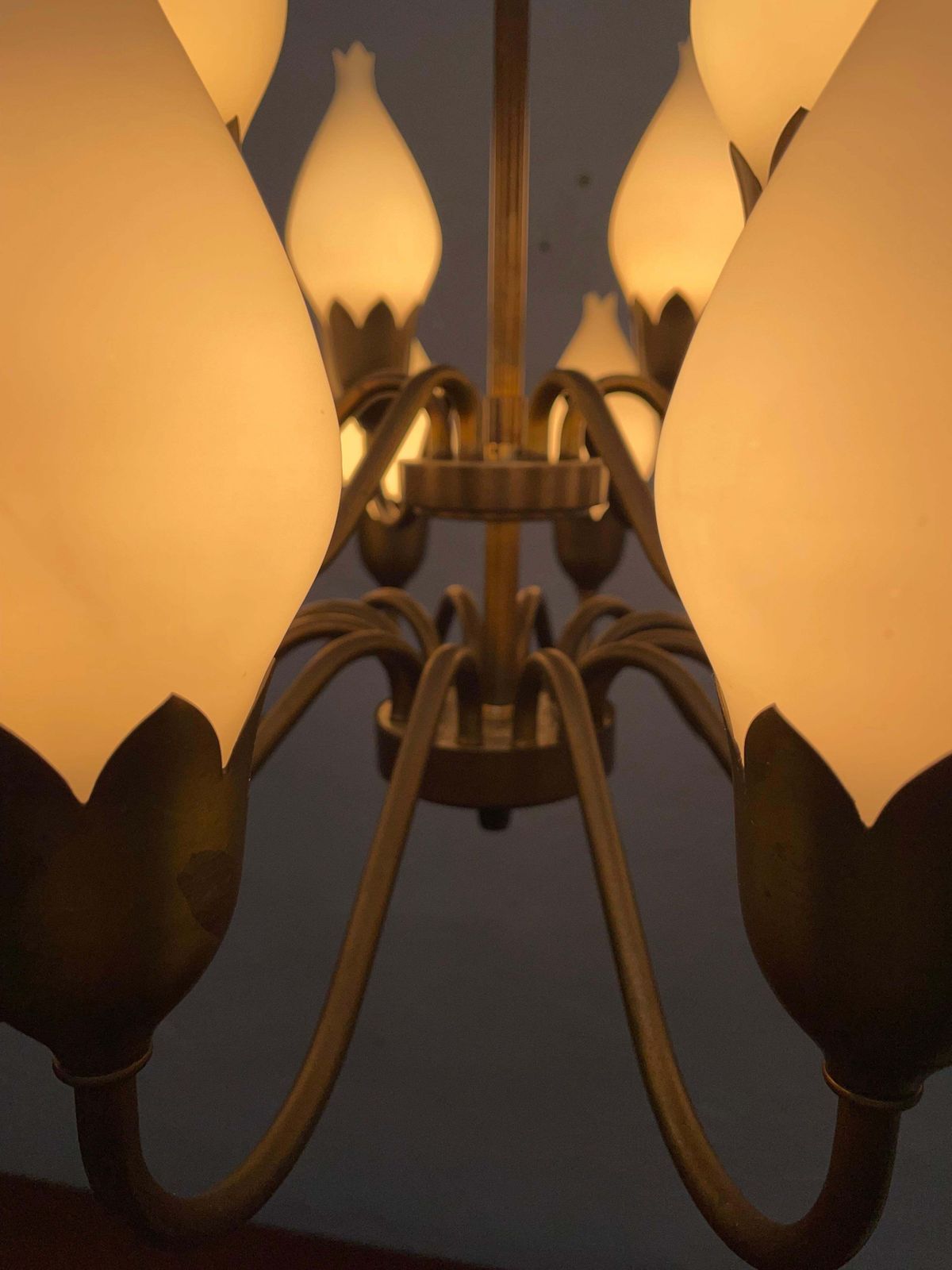 A Mid Century 18 Arm Tulip Pendant Chandelier By Fog And Mørup Of Denmark photo vinterior