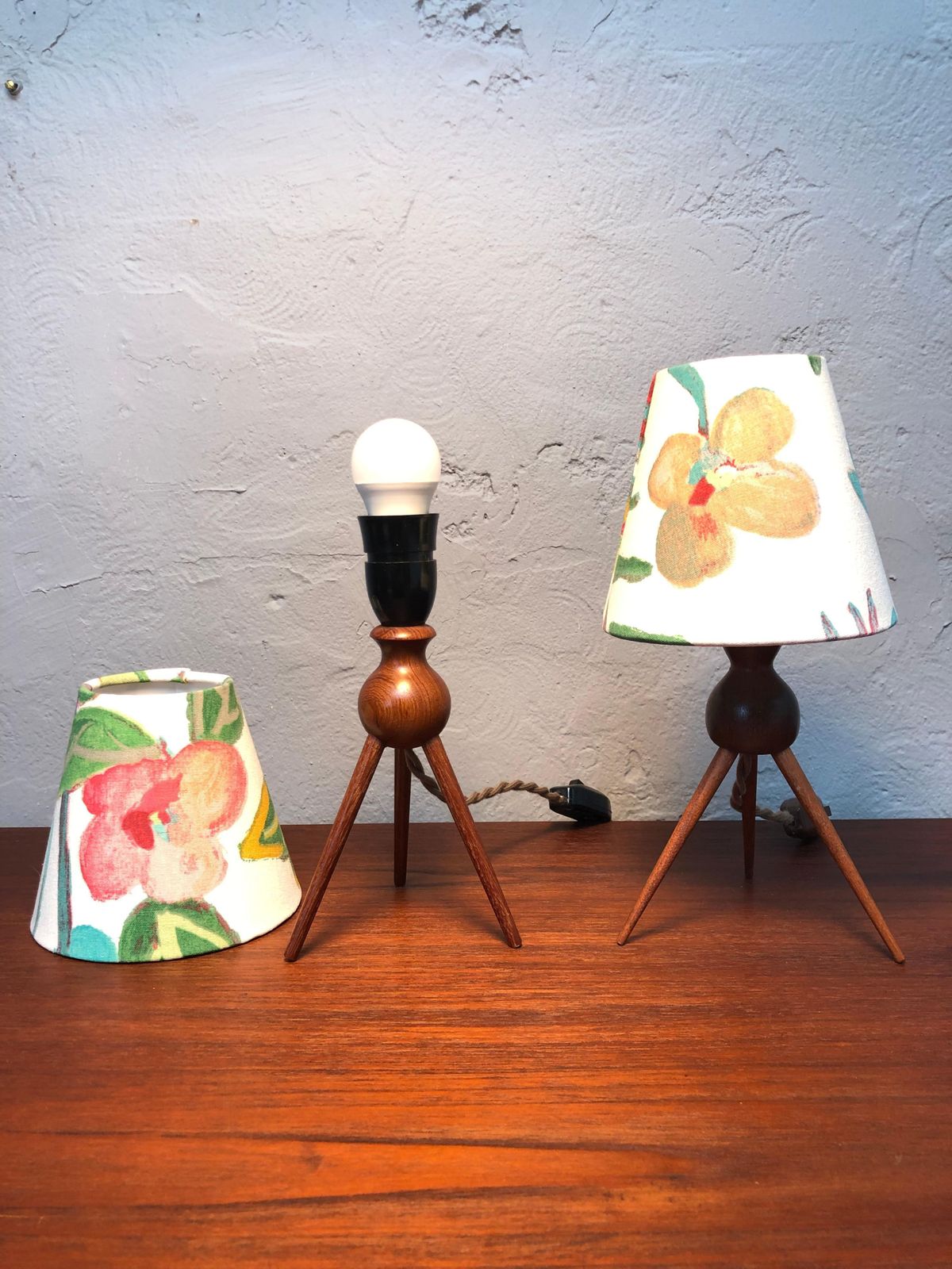 A Vintage Pair Of Danish Mid Century Modern Teak Table Lamps Shades Included photo vinterior