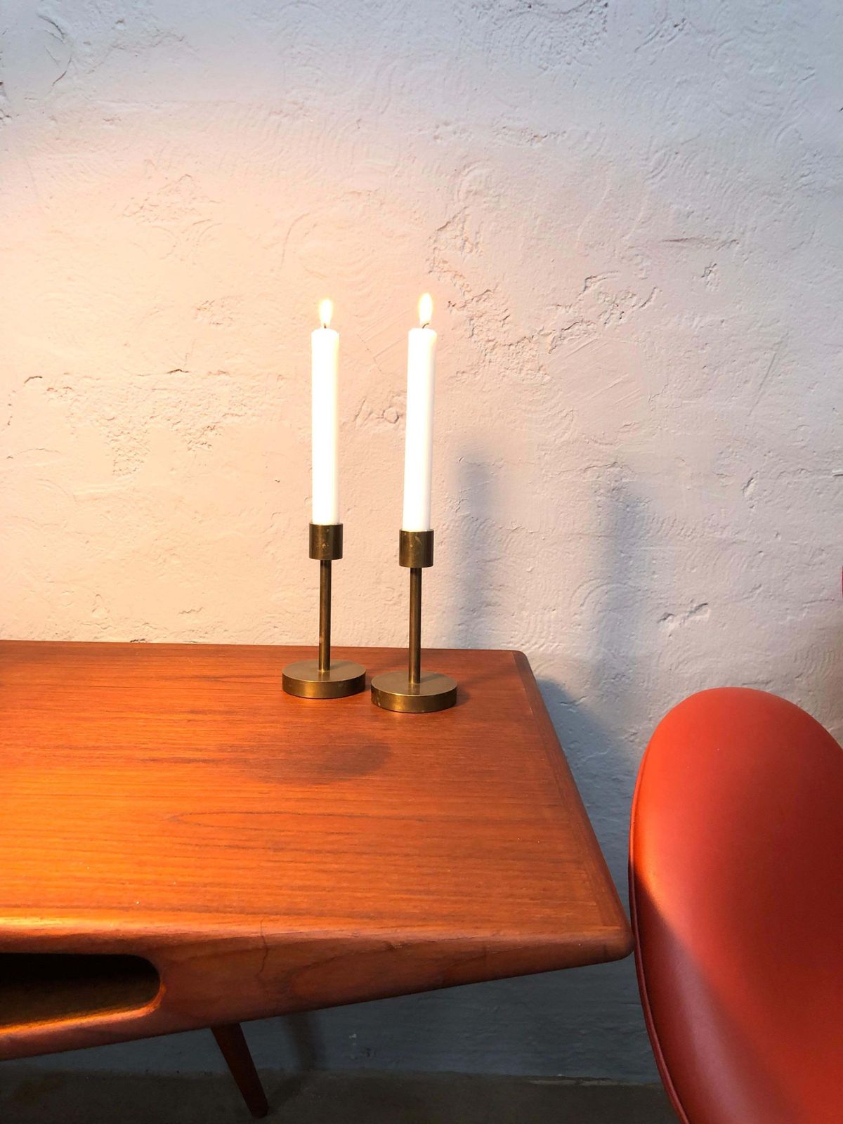 Pair Of Mid Century Danish Brass Candle Holders photo for sale