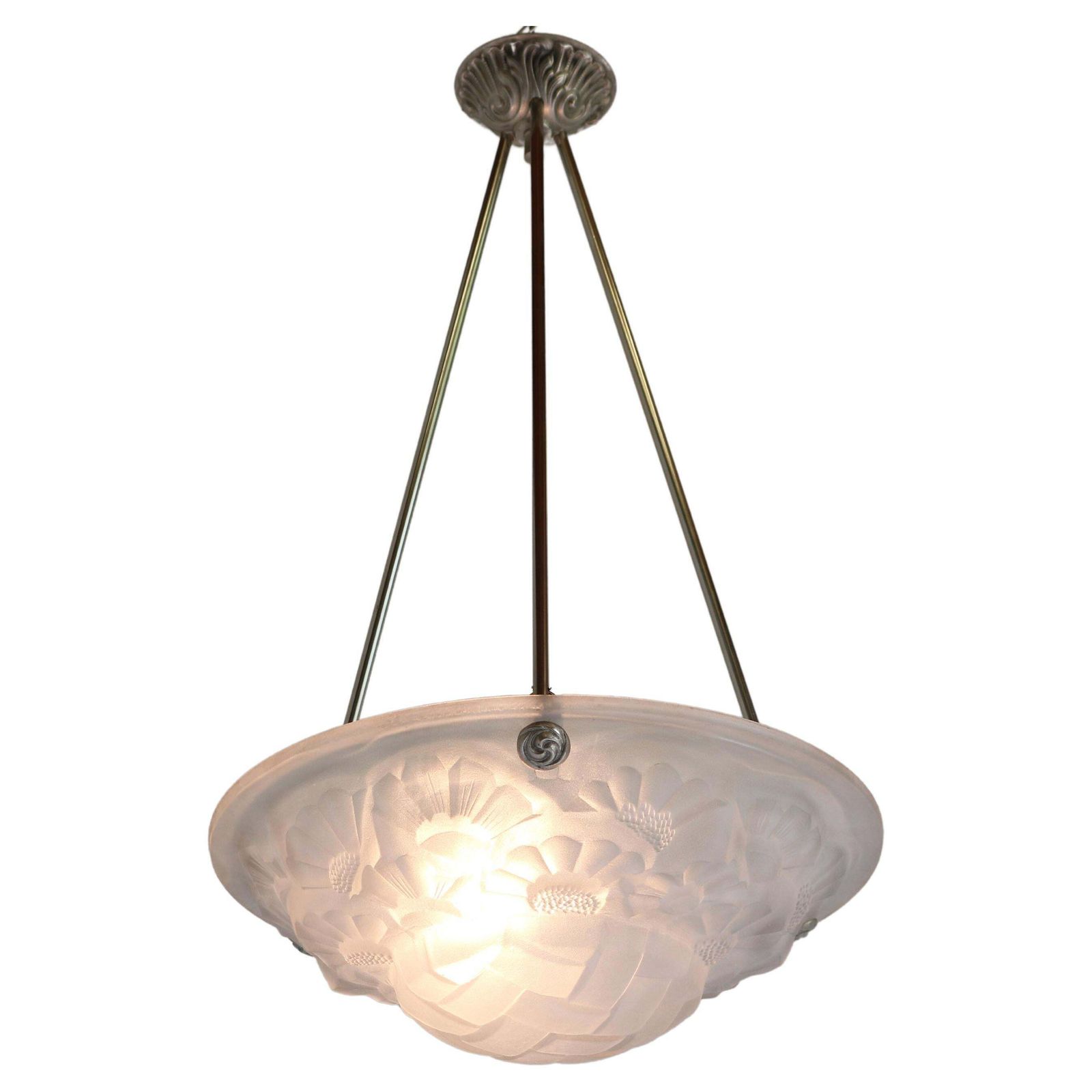 Art Deco Pendant / Chandelier By David Gueron Degue 1930 Frosted Glass White