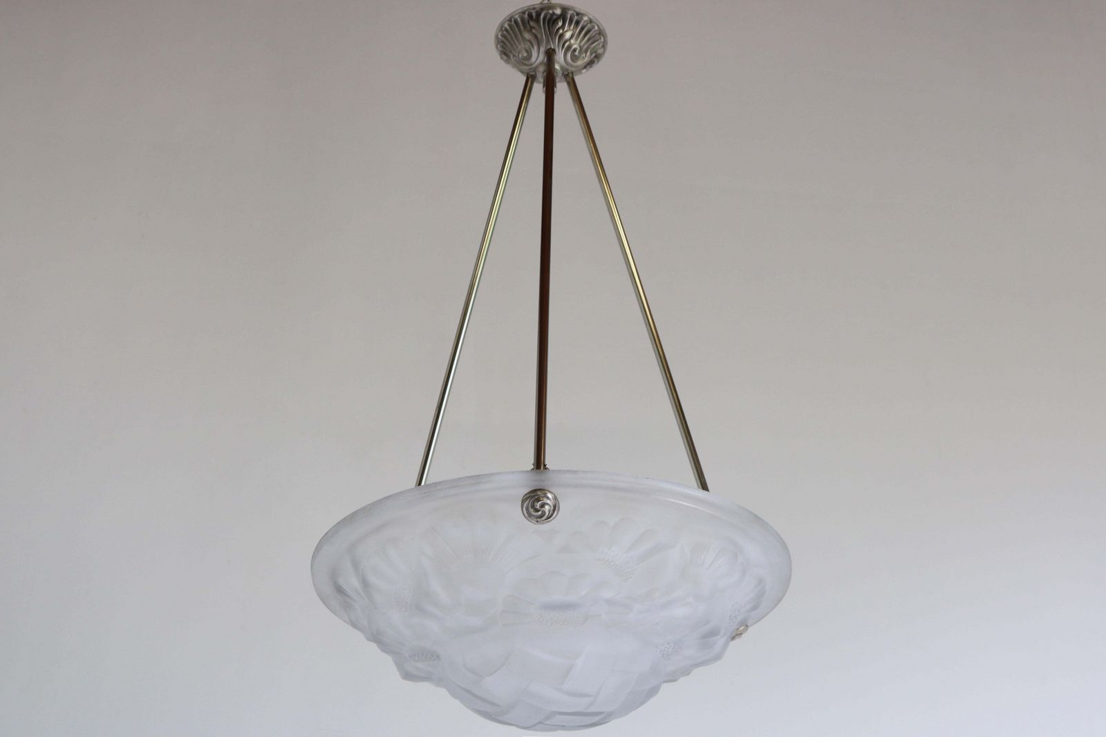Art Deco Hanglamp / Kroonluchter Van David Gueron Degue, 1930, Matglas Wit photo Verlichting