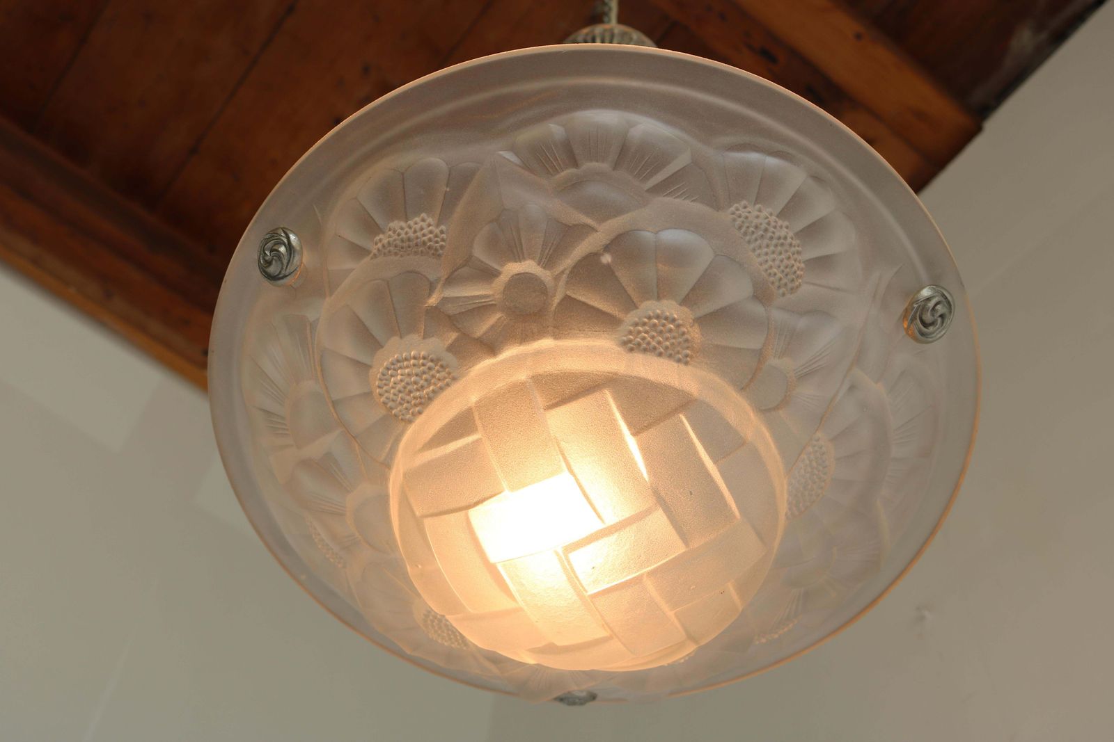 Lighting Art Deco Pendant / Chandelier By David Gueron Degue 1930 Frosted Glass White photo