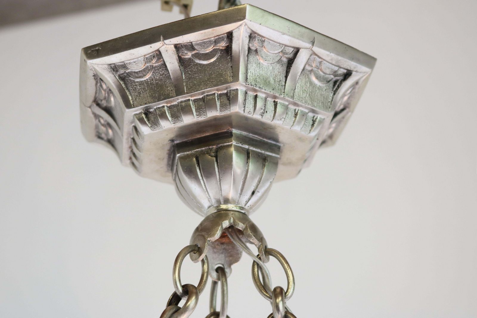 French Antique Art Deco Pendant Light Chandelier By Mouynet Design 1920 White photo vinterior