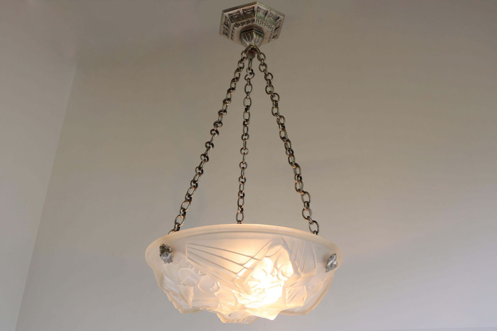 photo furniture French Antique Art Deco Pendant Light Chandelier By Mouynet Design 1920 White