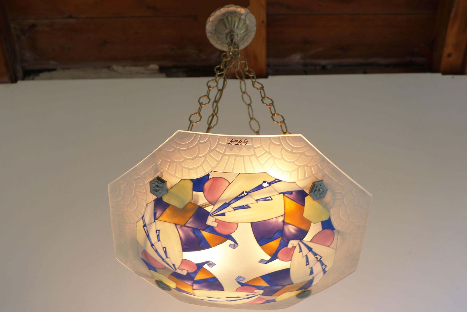 photo vinterior Art Deco Hanglamp Van Loys Lucha – Frans Antiek Geometrisch Emailwerk, 1930