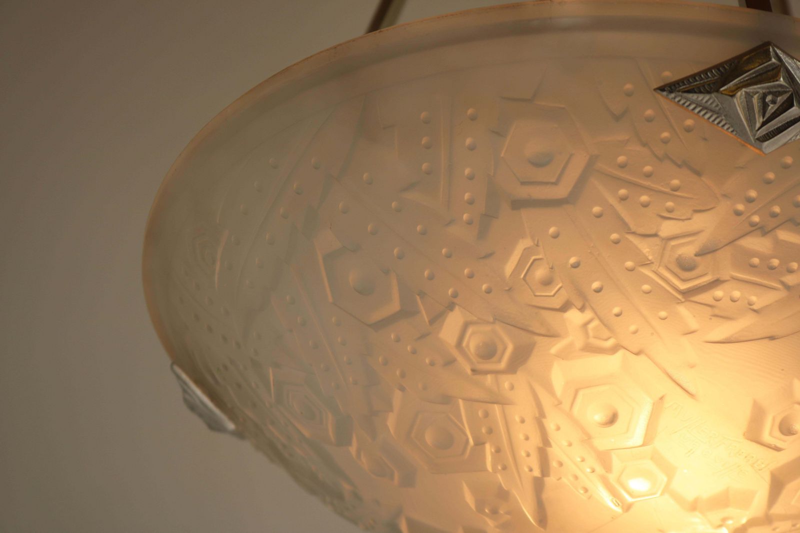 Antique French Art Deco Pendant / Chandelier By Muller Freres White Glass 1930 photo furniture