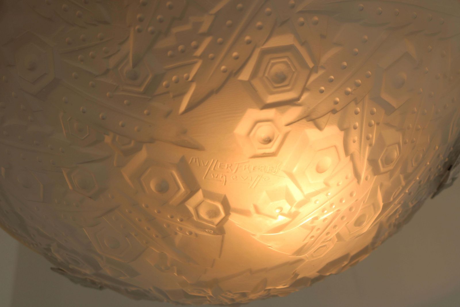 Antique French Art Deco Pendant / Chandelier By Muller Freres White Glass 1930 photo 1573.0