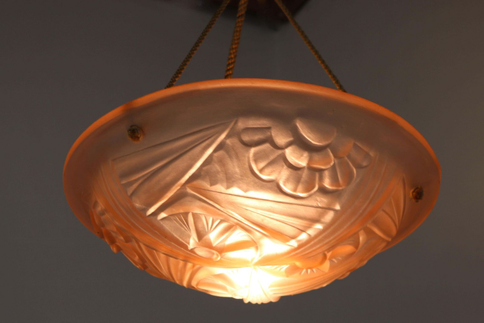 French Art Deco Chandelier Signed By Degue Pink Glass Lamp 1930 Antique France photo furniture