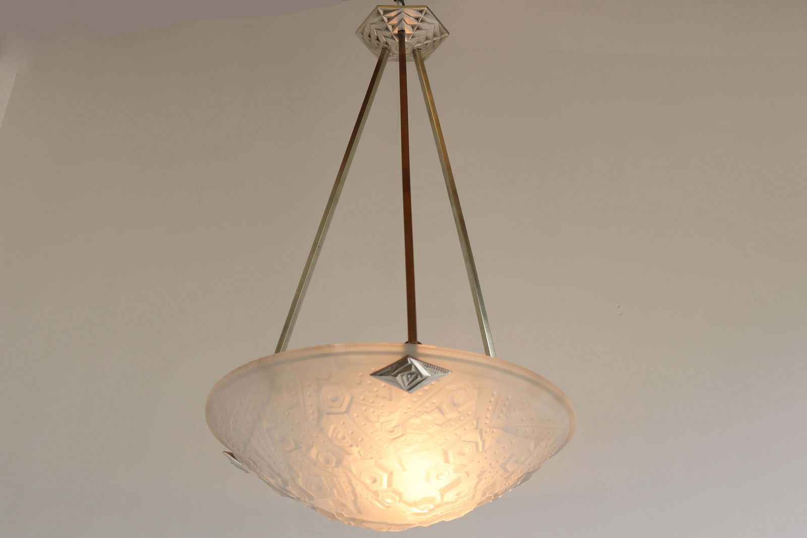 photo vinterior Antique French Art Deco Pendant / Chandelier By Muller Freres White Glass 1930