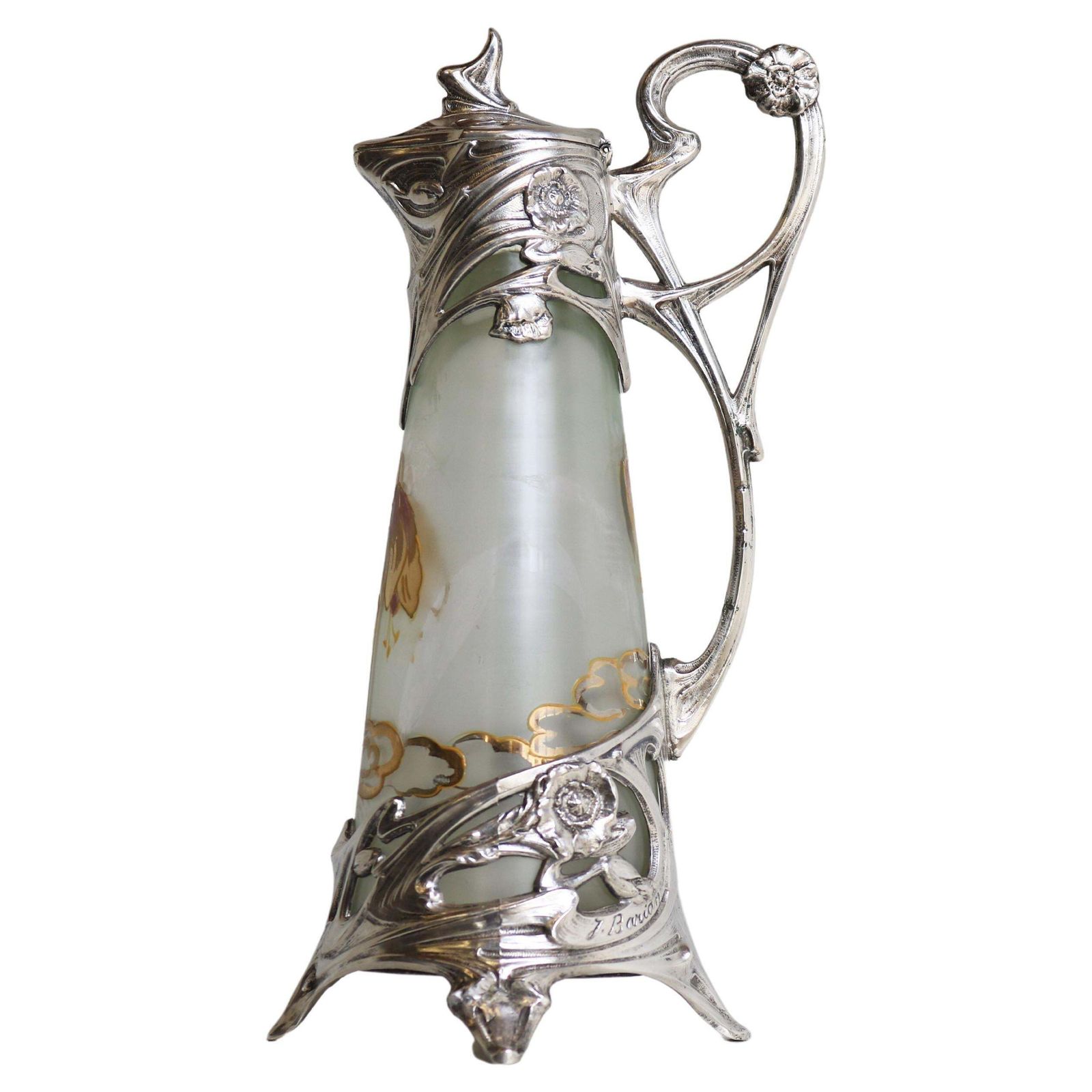 Franse Art Nouveau Karaf / Kan In Verzilverd Glas Door J. Barian, 1900