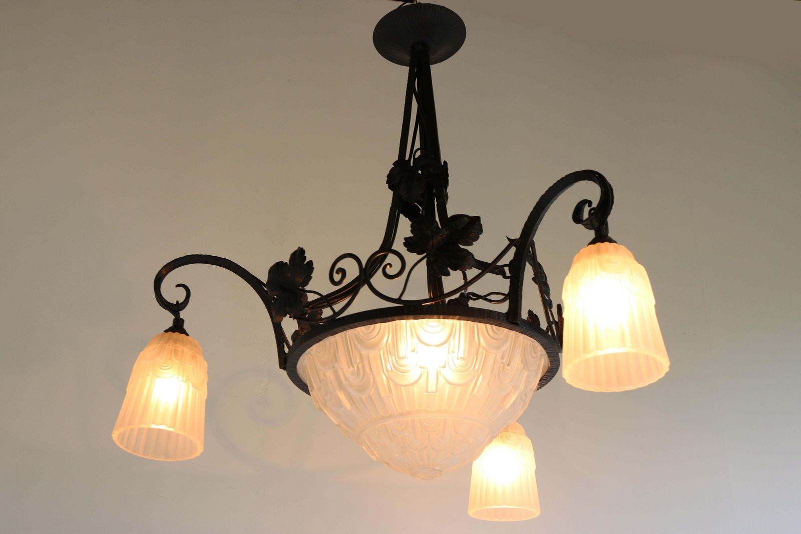 French Antique Wrought Iron Art Deco Chandelier 1930 Frosted Glass Geometric photo for sale