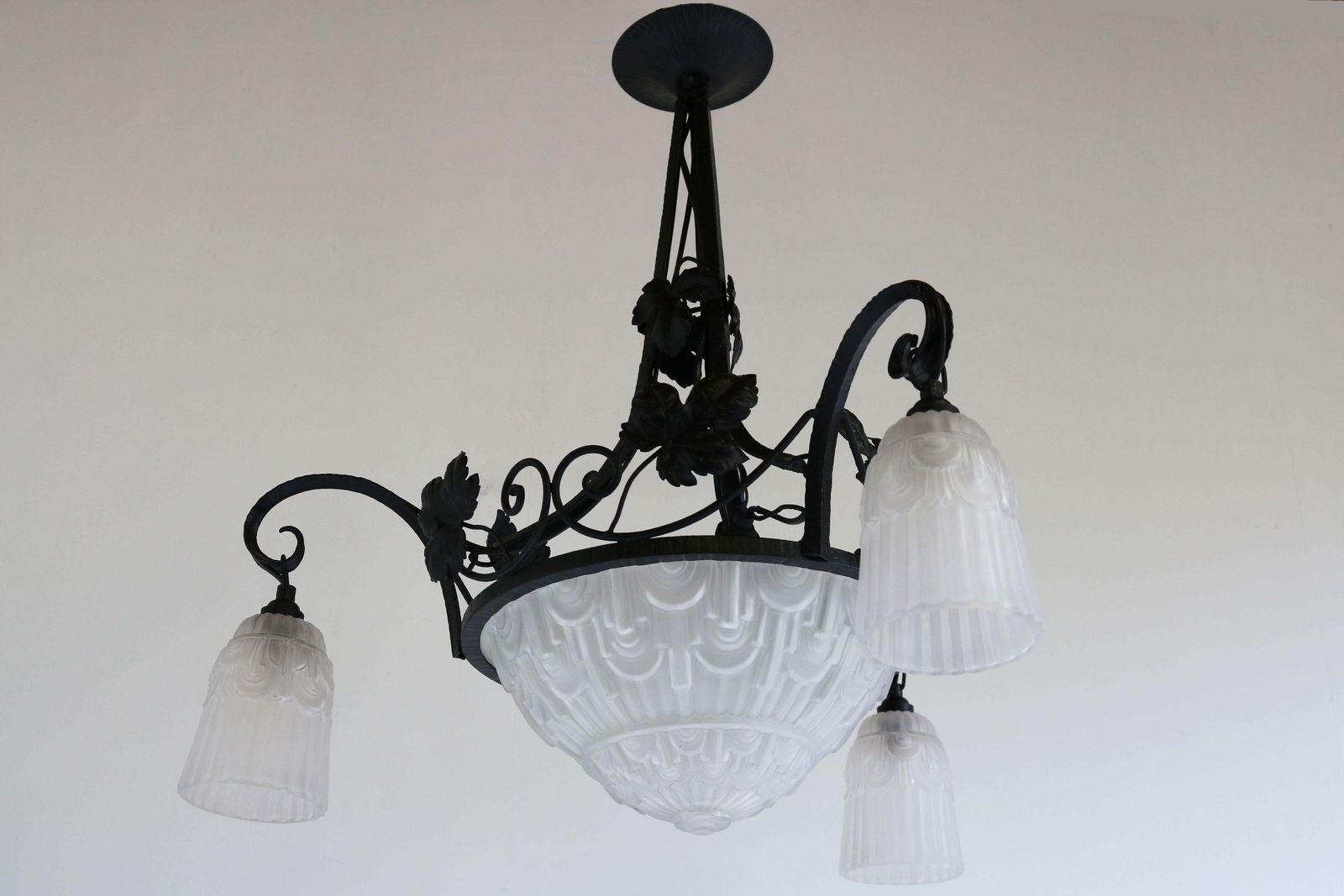 Lighting French Antique Wrought Iron Art Deco Chandelier 1930 Frosted Glass Geometric photo