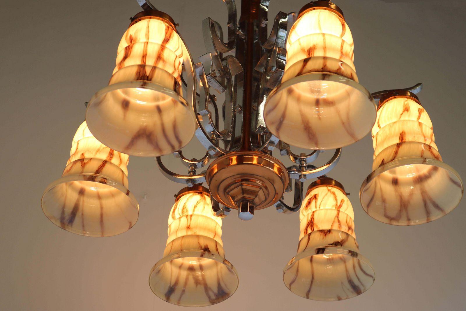 Antique French Art Deco Chandelier 1930 Copper Chrome & Marbled Glass 6 Lights photo for sale