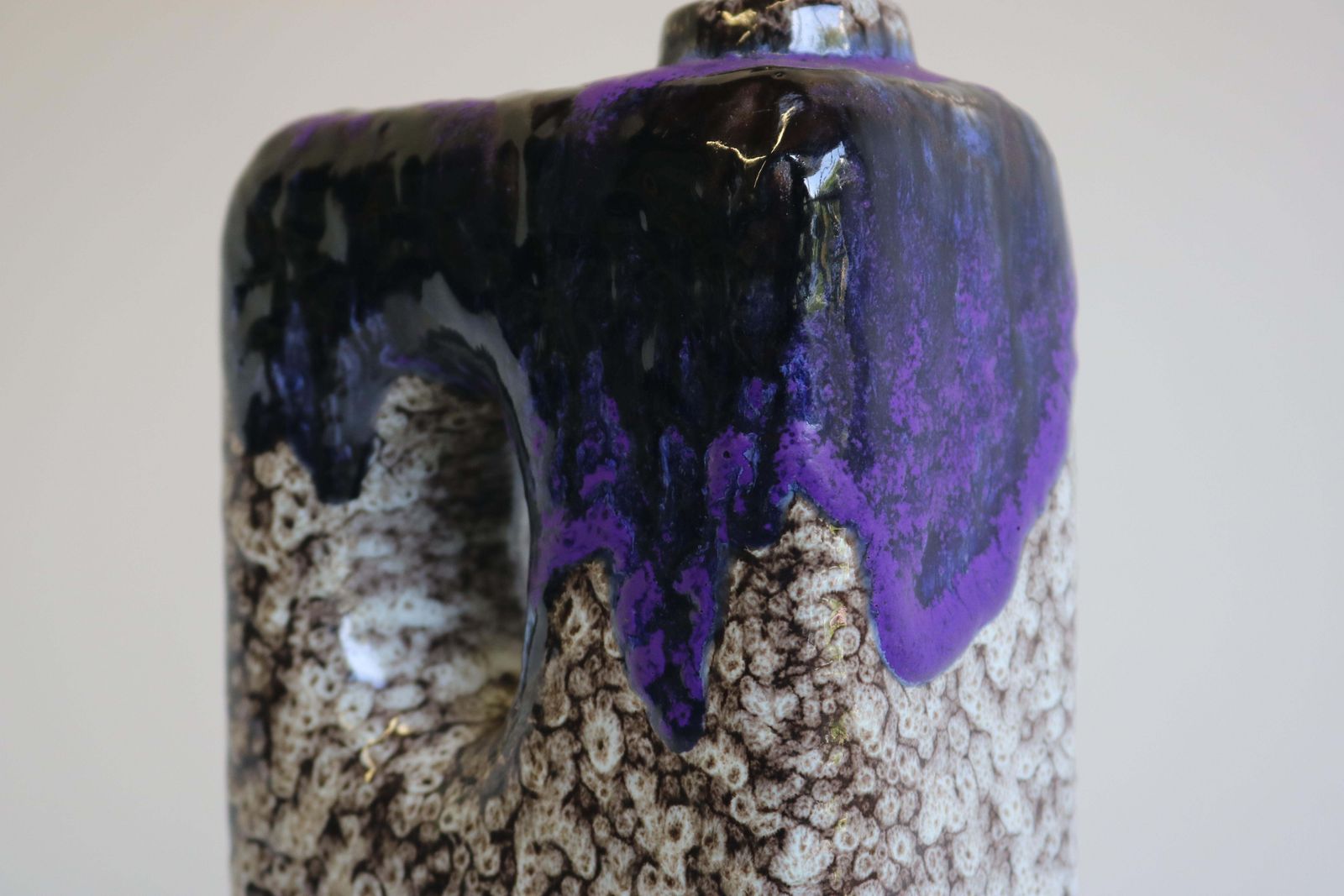 1970s Modernist Fat Lava Purple Black White Ceramic Square Vase By Marei Keramik photo for sale