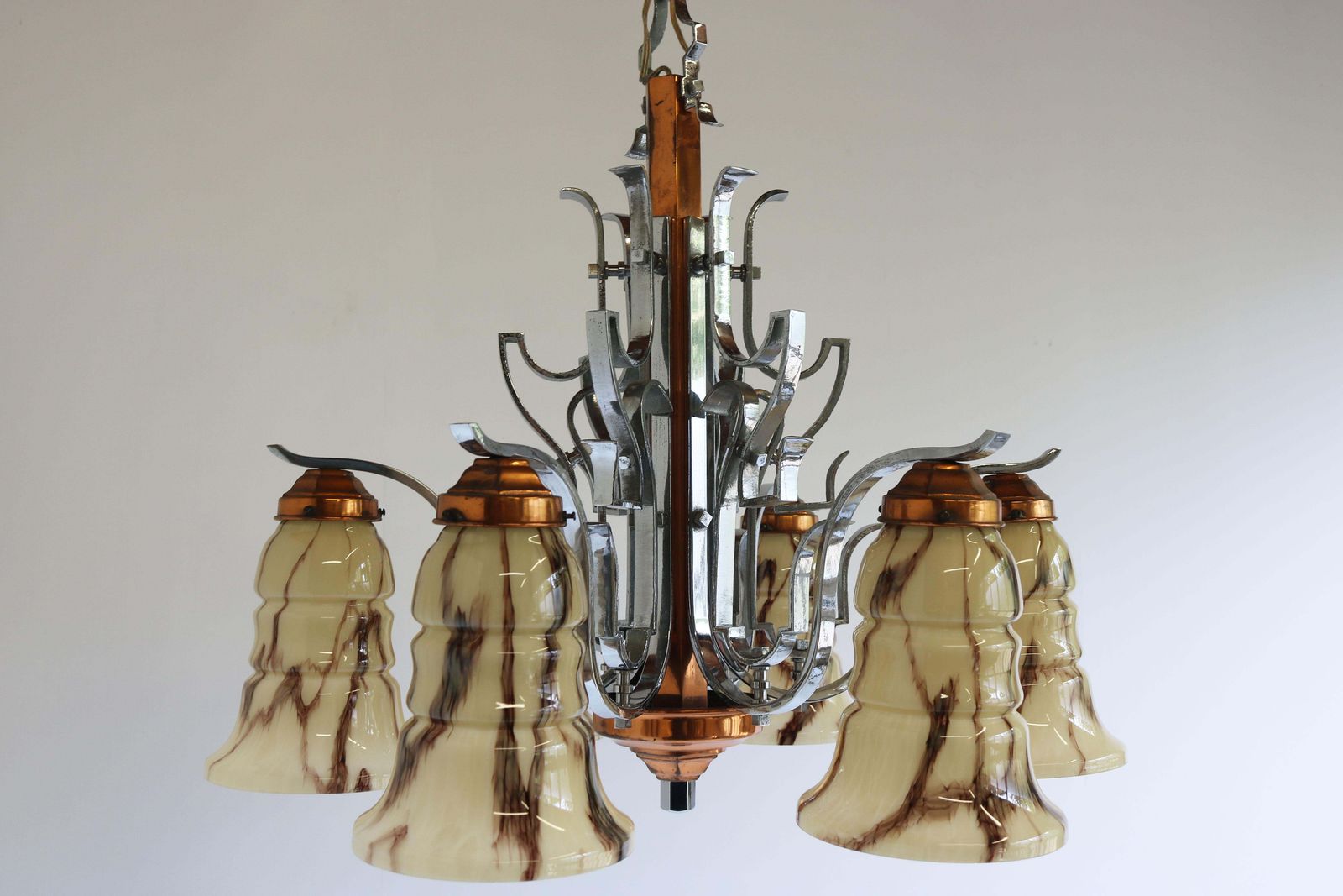 Antique French Art Deco Chandelier 1930 Copper Chrome & Marbled Glass 6 Lights photo buy