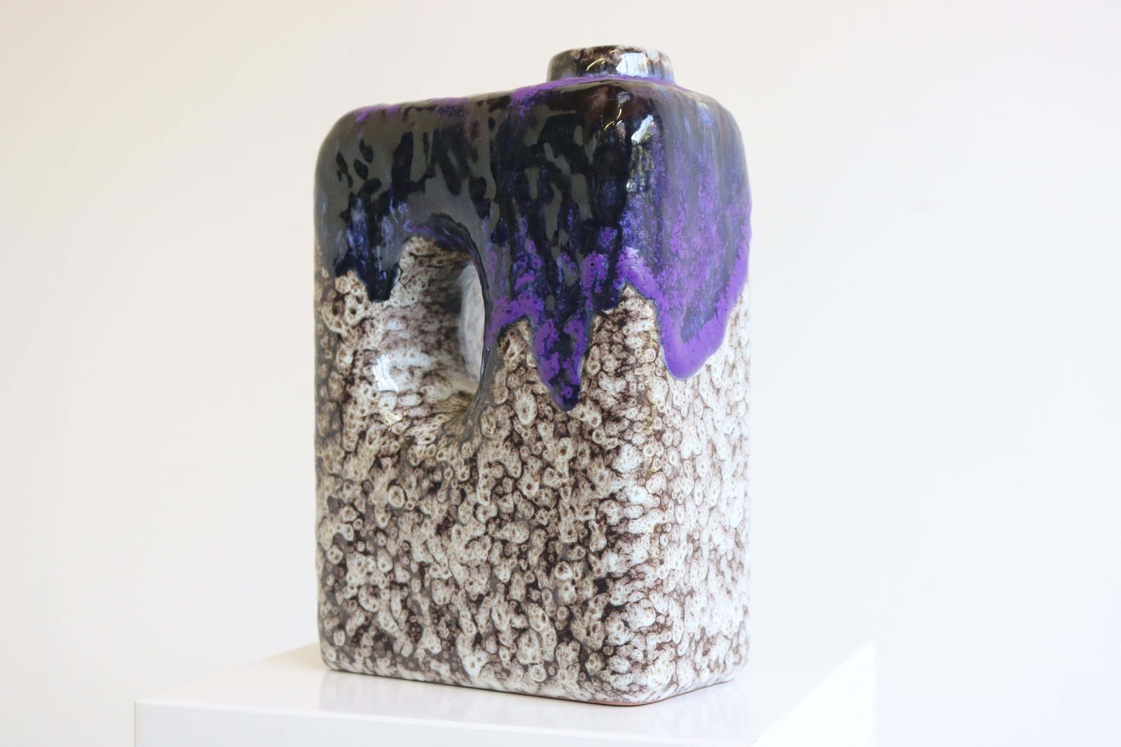 1970s Modernist Fat Lava Purple Black White Ceramic Square Vase By Marei Keramik photo buy