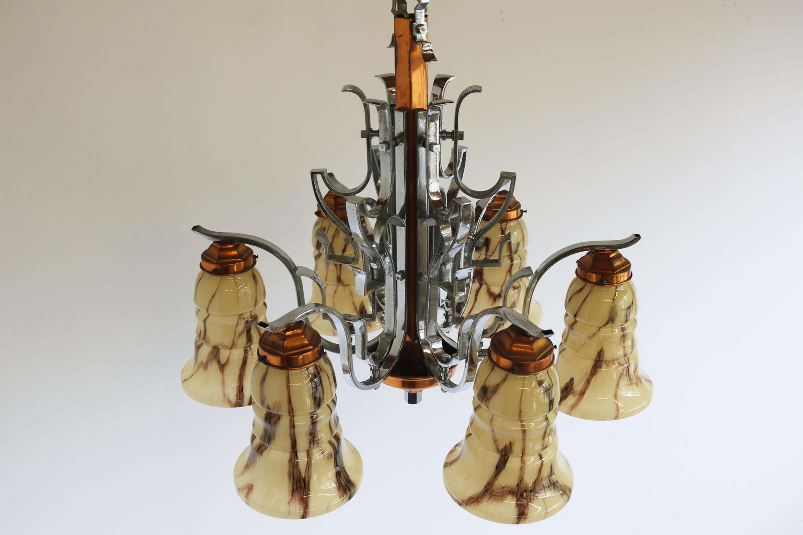Antique French Art Deco Chandelier 1930 Copper Chrome & Marbled Glass 6 Lights photo vintage